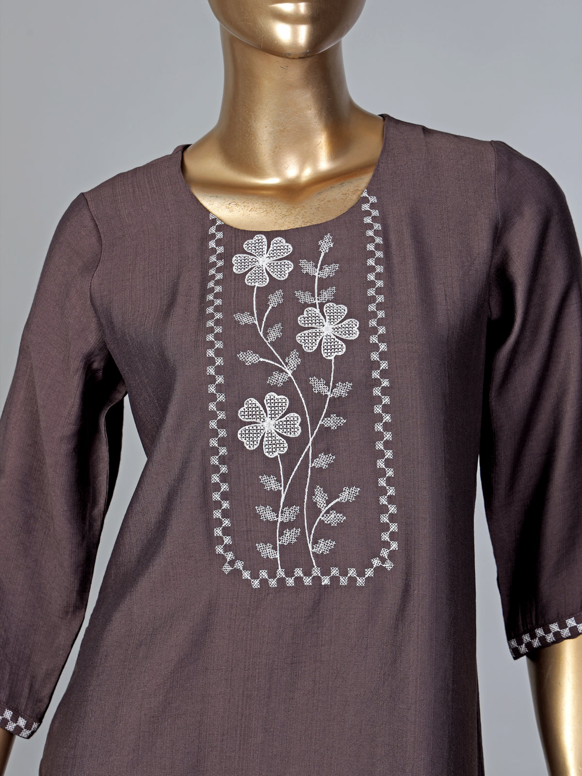 Brown thread worked cotton silk kurti