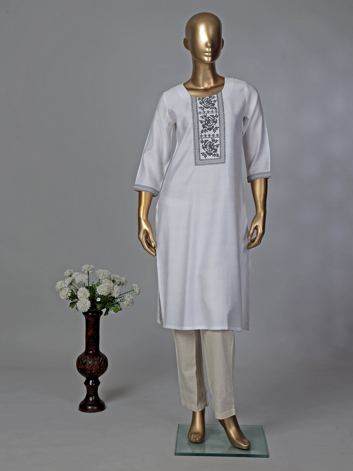 White cotton silk thread worked kurti