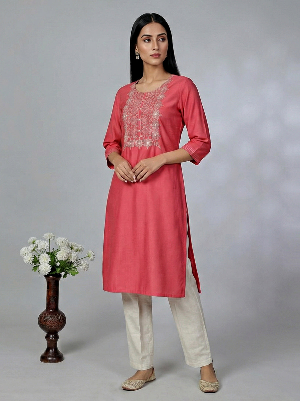 Tomato red cotton silk kurti with thread work