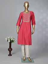 Tomato red cotton silk kurti with thread work