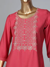 Tomato red cotton silk kurti with thread work