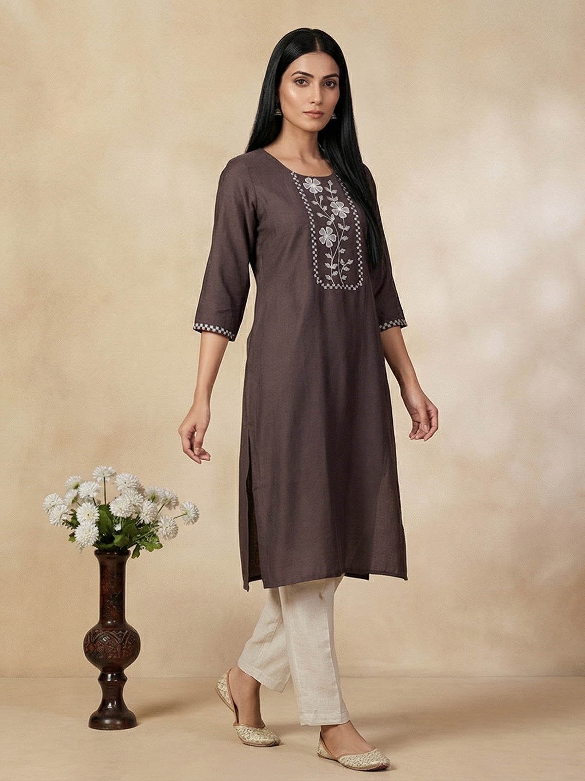 Brown thread worked cotton silk kurti