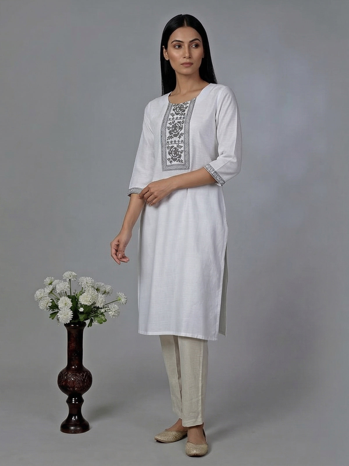 White cotton silk thread worked kurti