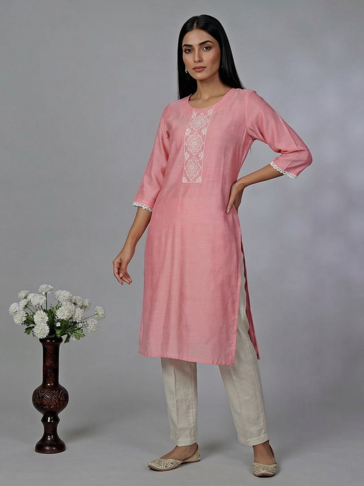 Peach round neck cotton silk kurti