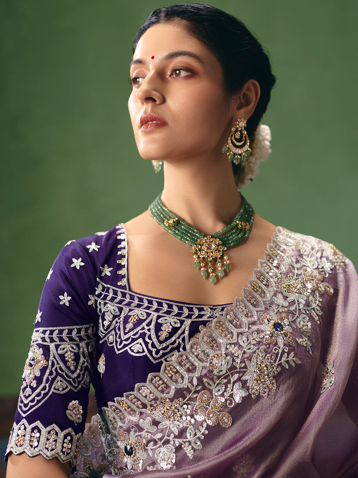 Light purple fancy silk wedding saree with statement blouse