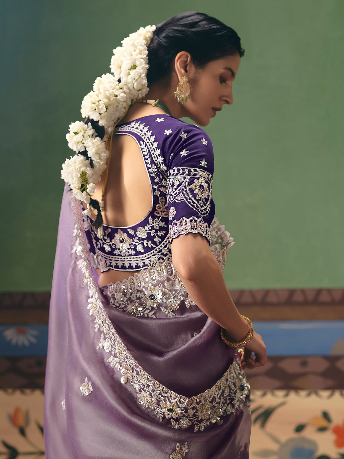 Light purple fancy silk wedding saree with statement blouse