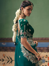 Rama green fancy silk saree for wedding celebrations