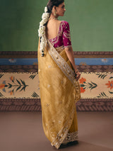 Beige fancy silk saree with contrast blouse