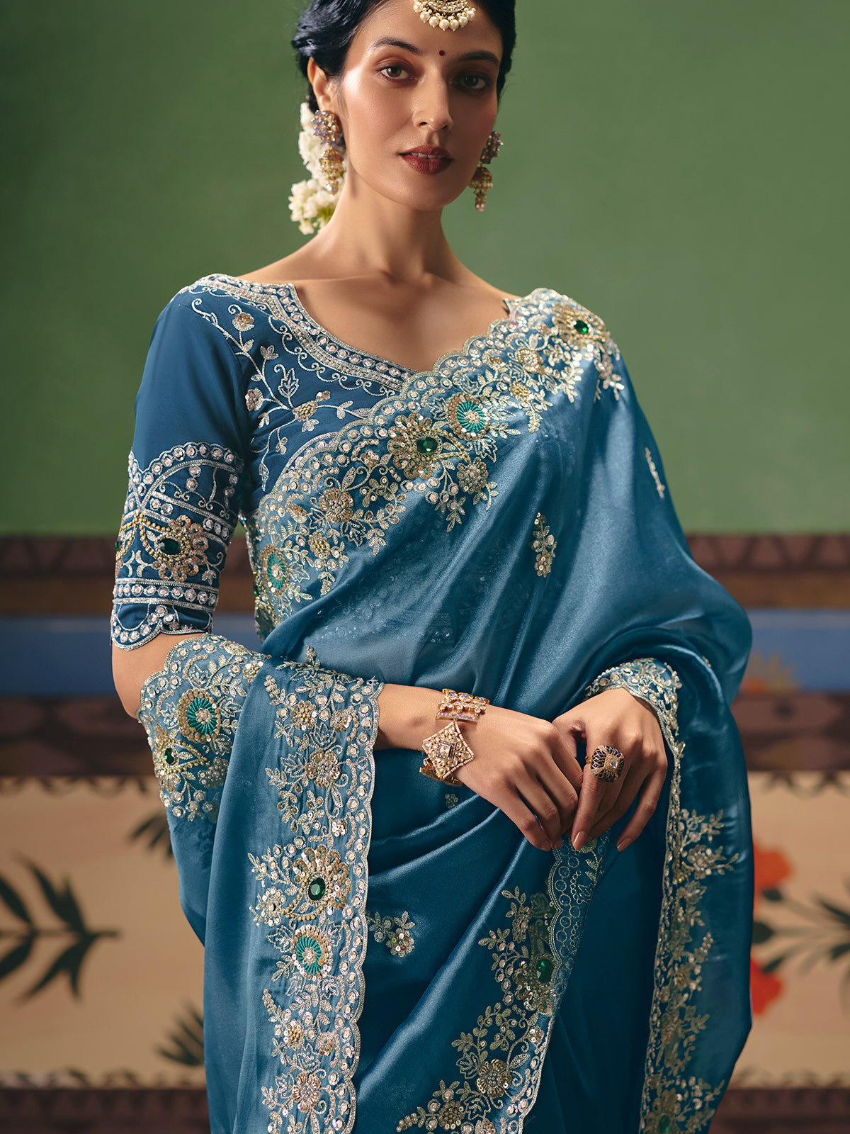Light blue fancy silk wedding wear saree