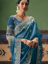 Light blue fancy silk wedding wear saree