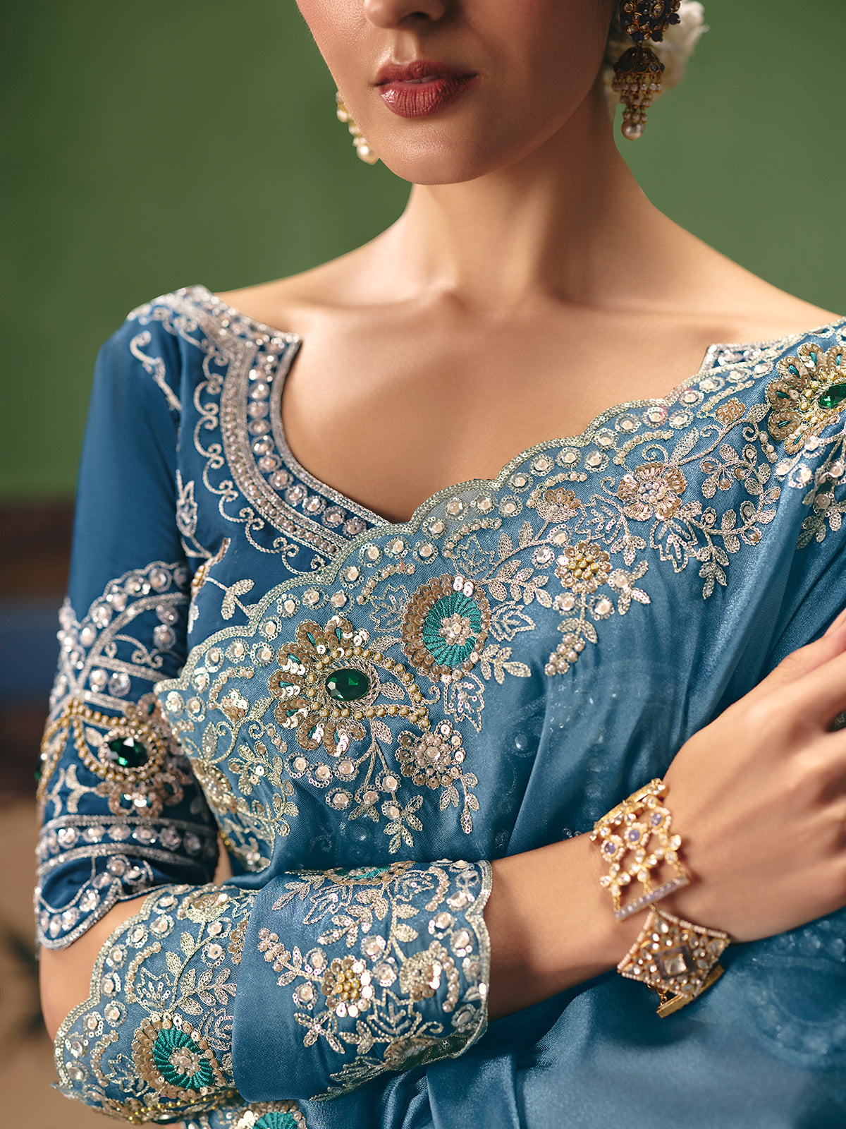 Light blue fancy silk wedding wear saree