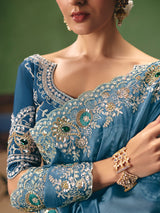 Light blue fancy silk wedding wear saree