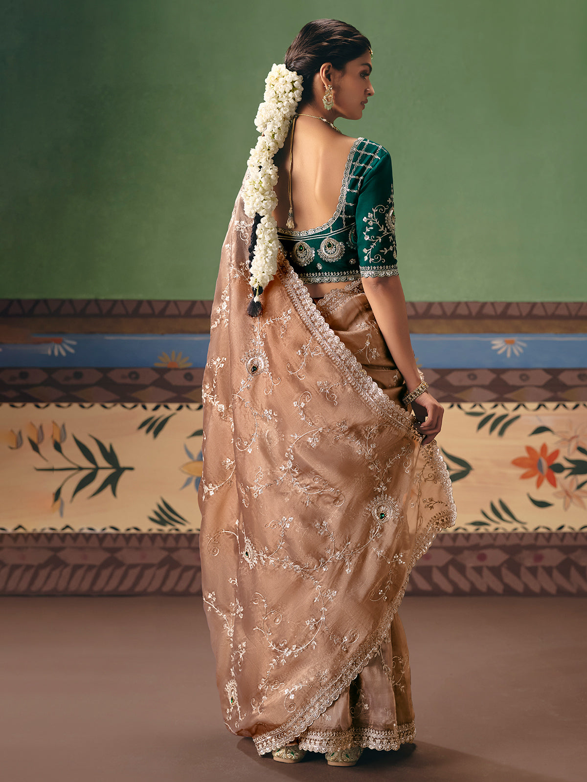 Beige fancy silk saree with rama green blouse