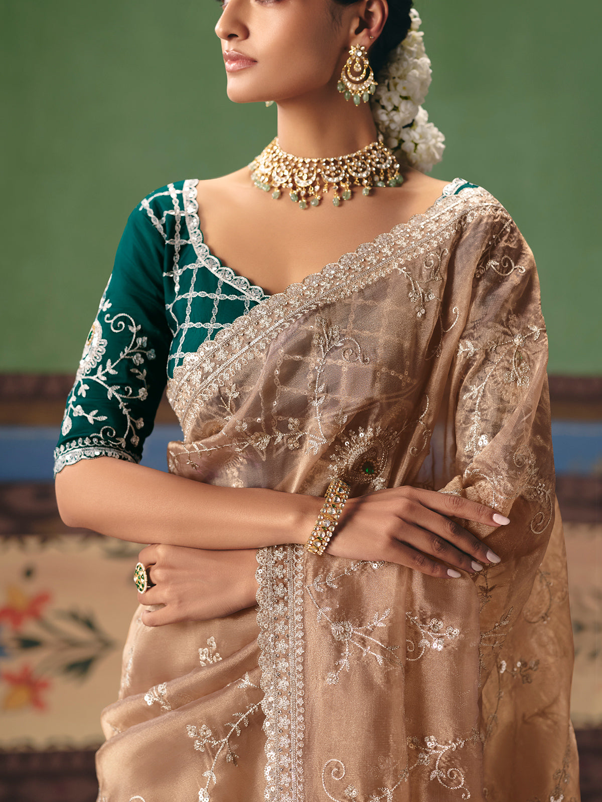 Beige fancy silk saree with rama green blouse