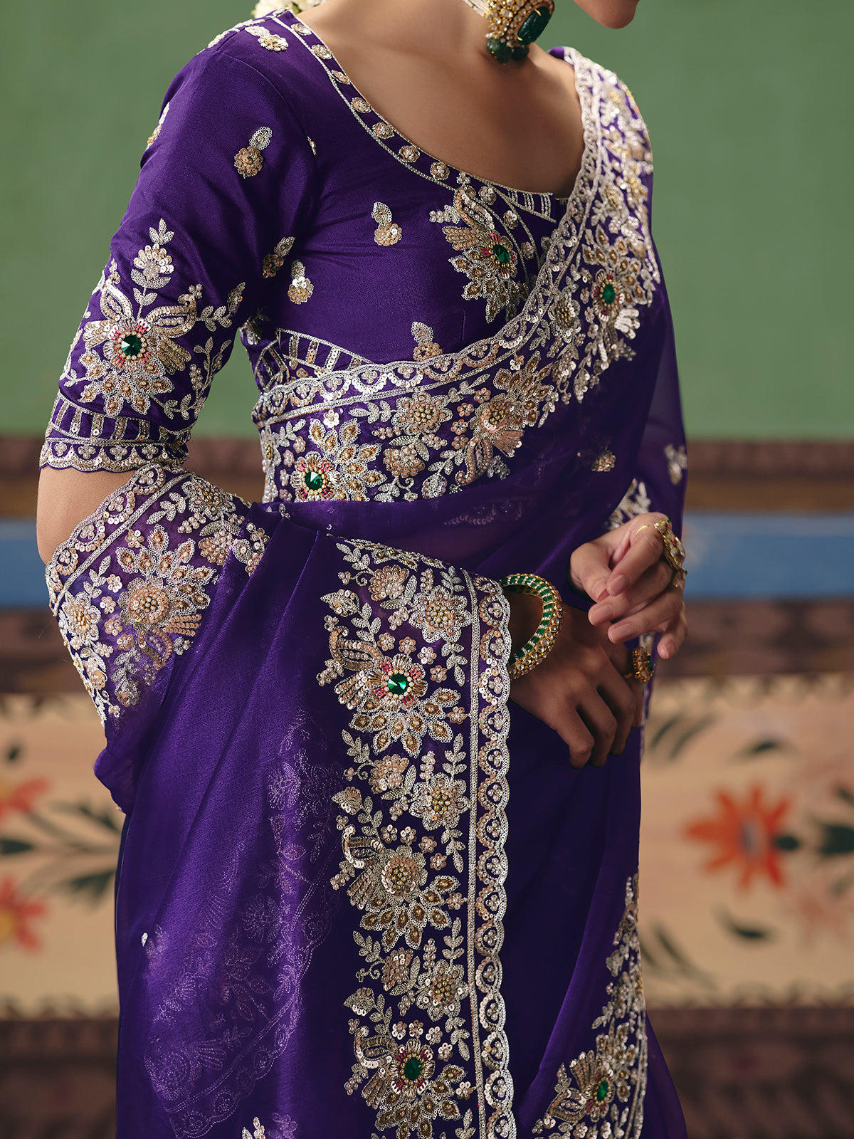 Dark purple fancy silk wedding wear saree