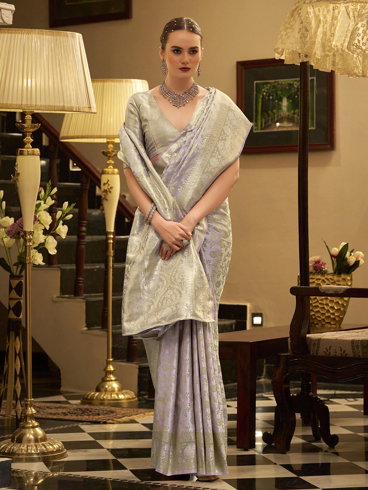 Light purple zari worked satin silk saree
