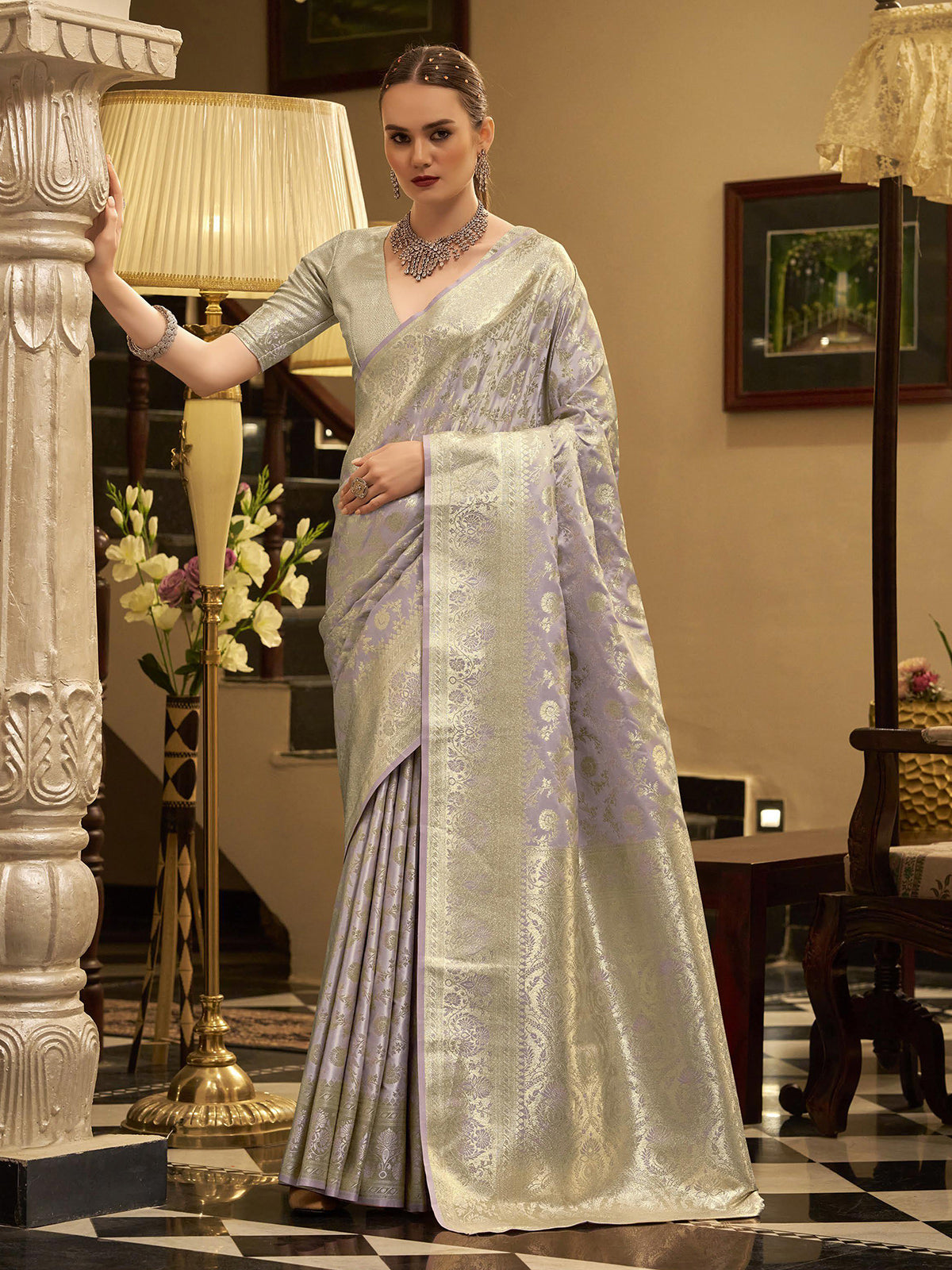 Light purple zari worked satin silk saree