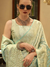 Mint blue festive wear satin silk saree with zari work