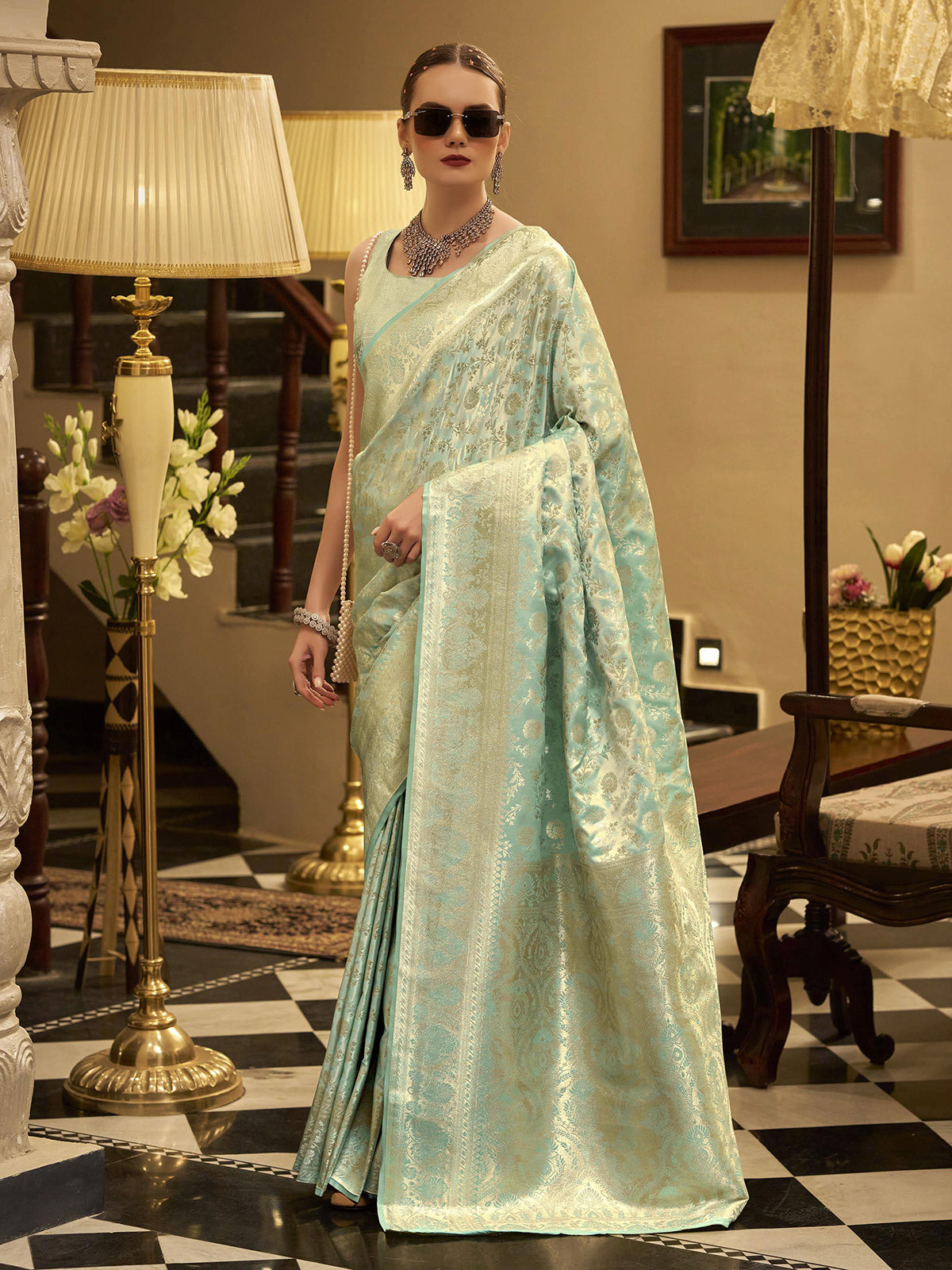 Mint blue festive wear satin silk saree with zari work