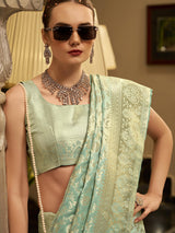 Mint blue festive wear satin silk saree with zari work
