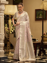 Light pink satin silk saree with zari woven motifs