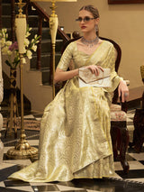Beige wedding wear satin silk saree