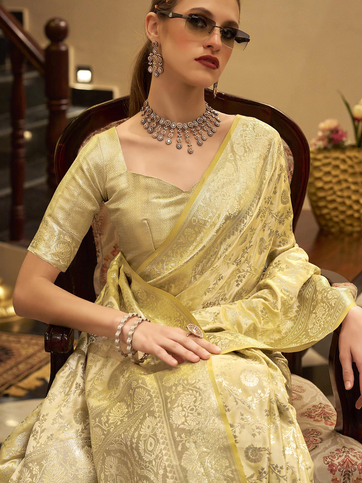 Beige wedding wear satin silk saree