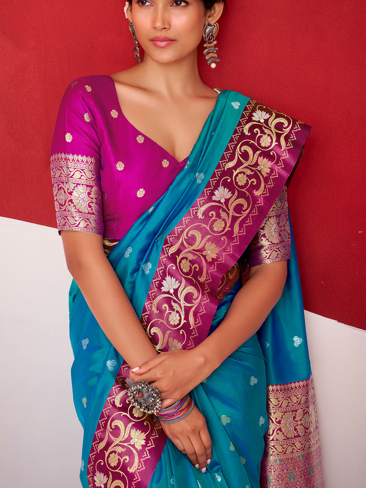 Blue satin silk festive wear saree