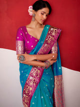Blue satin silk festive wear saree