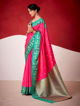 Magenta satin silk saree with contrast border