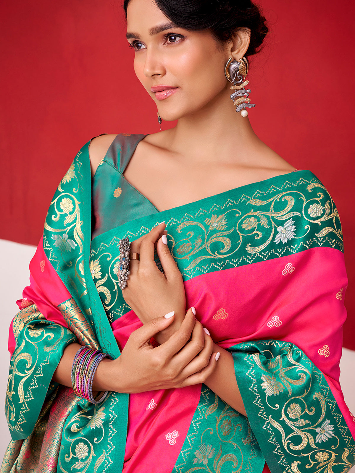 Magenta satin silk saree with contrast border