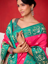 Magenta satin silk saree with contrast border