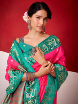 Magenta satin silk saree with contrast border