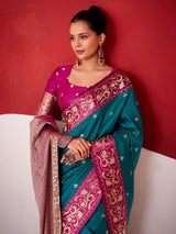 Rama blue satin silk saree for wedding celebration