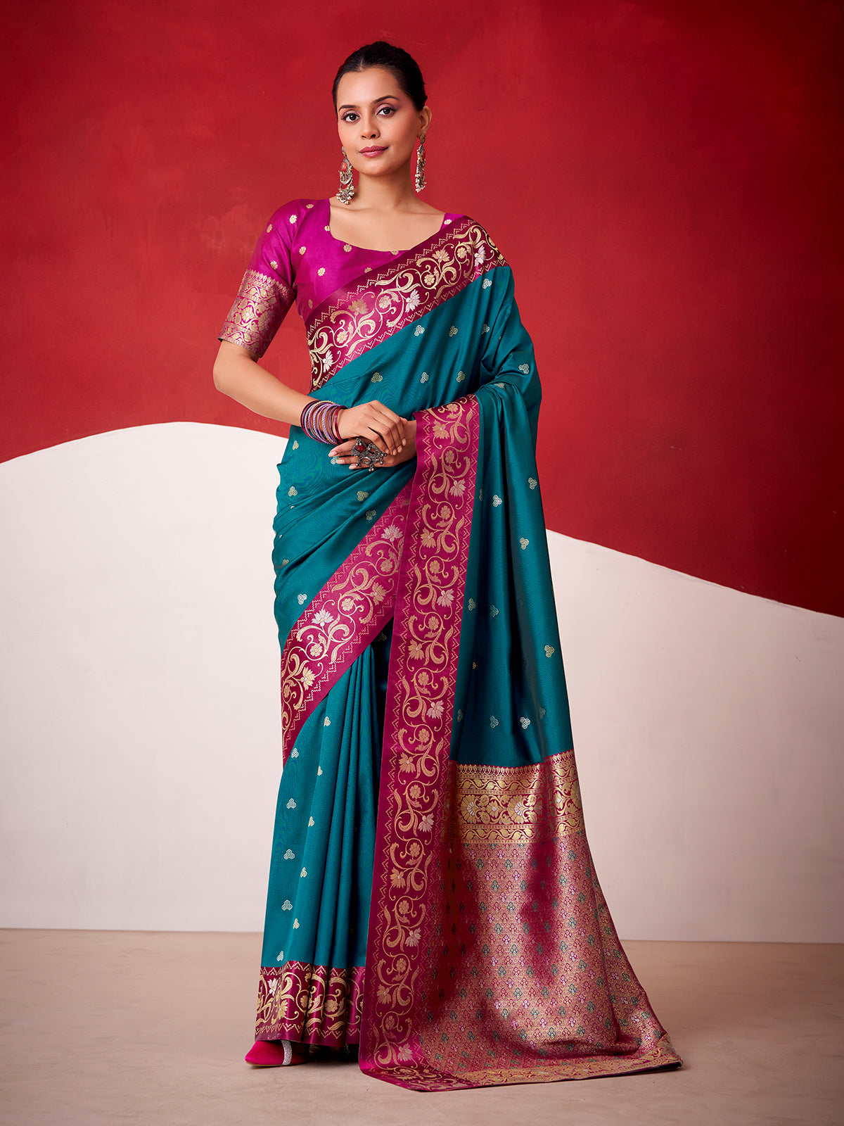 Rama blue satin silk saree for wedding celebration