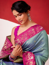 Grey satin silk saree for festive celebration