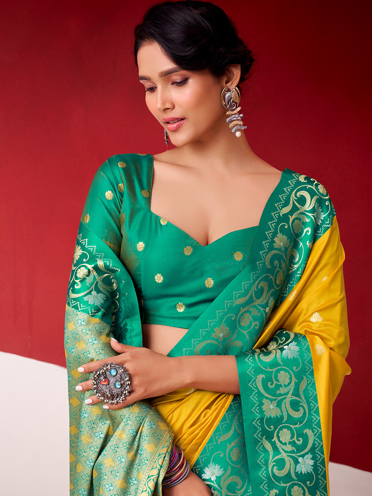 Yellow festive wear silk saree in soft satin silk