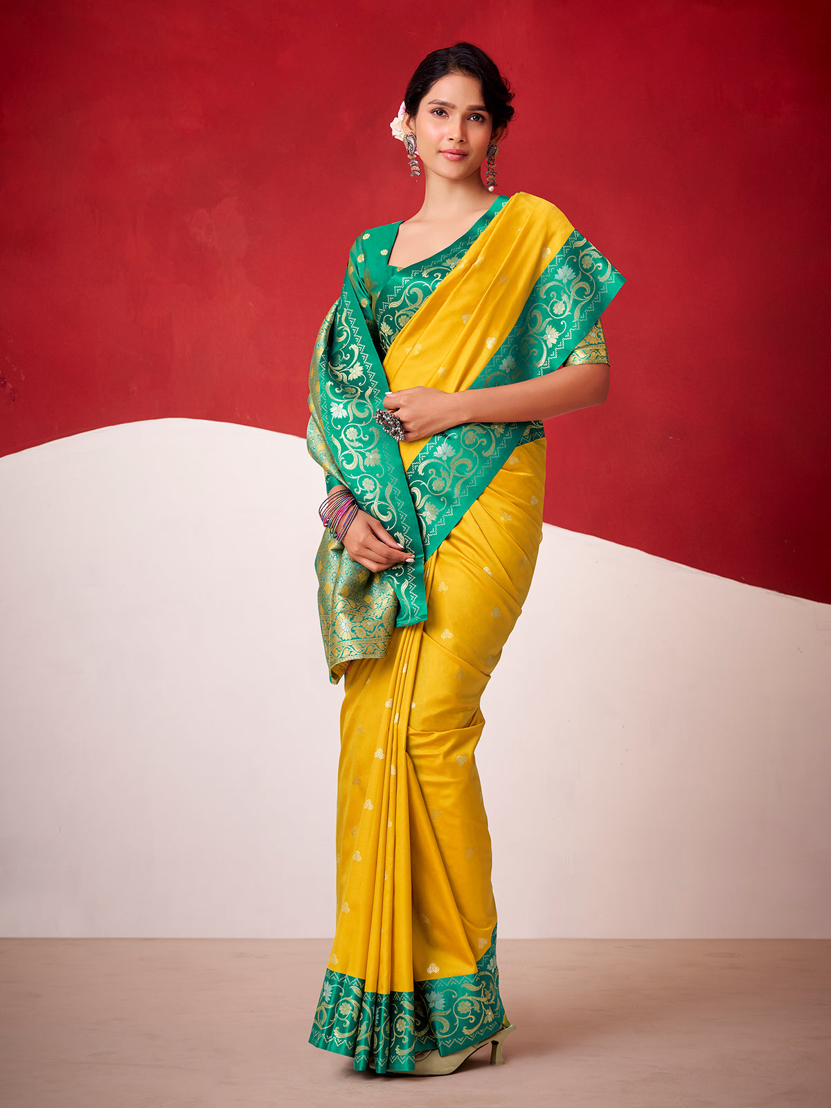 Yellow festive wear silk saree in soft satin silk