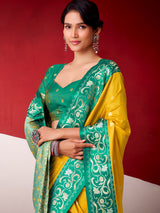 Yellow festive wear silk saree in soft satin silk