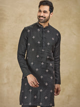 Black thread worked kurta suit in pure linen