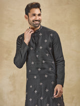 Black thread worked kurta suit in pure linen