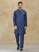 Navy linen men kurta suit with thread detailing