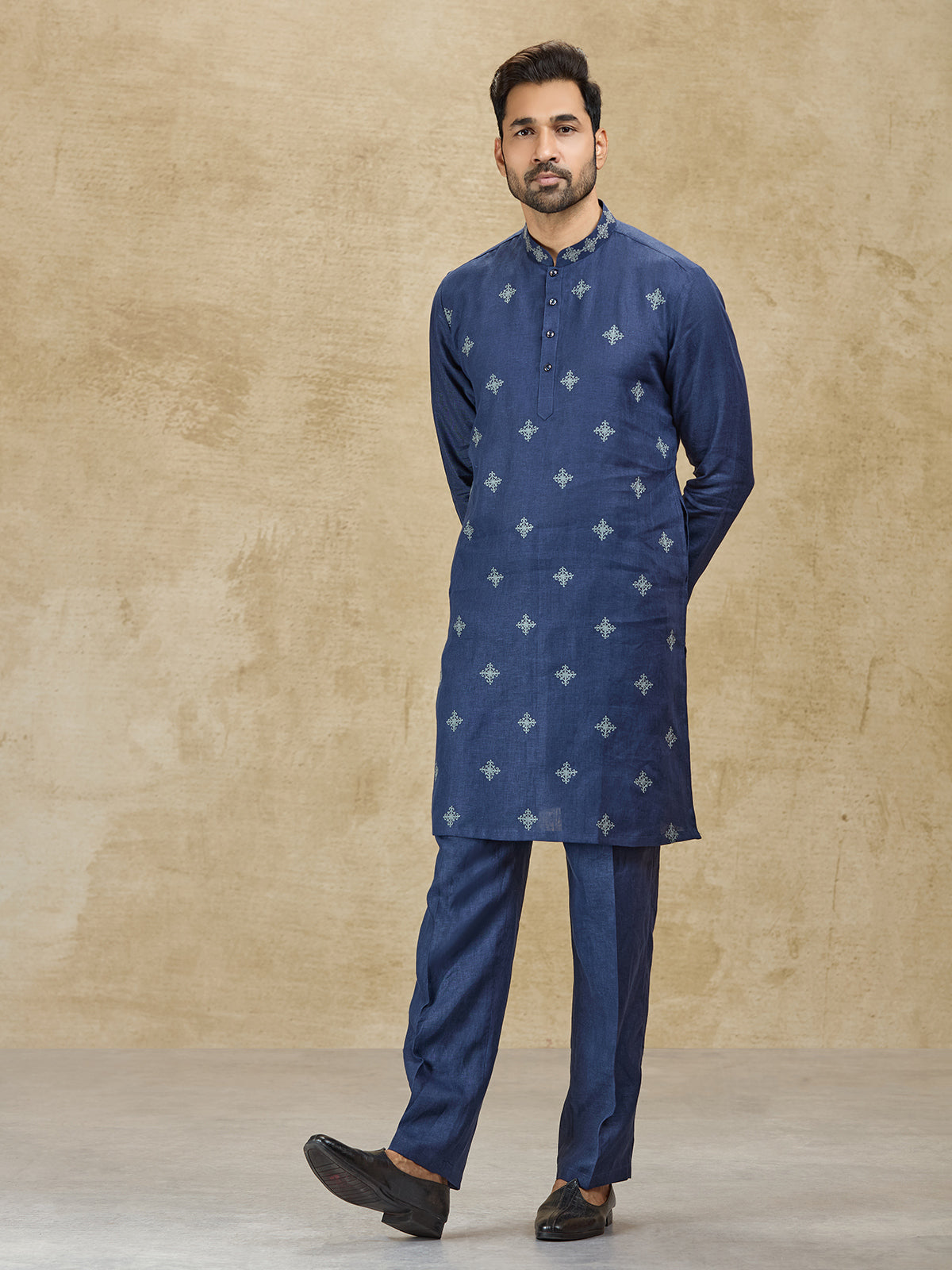 Navy linen men kurta suit with thread detailing