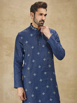 Navy linen men kurta suit with thread detailing