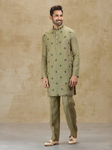 Olive green linen kurta suit for wedding celebrations