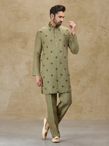 Olive green linen kurta suit for wedding celebrations
