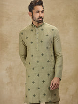Olive green linen kurta suit for wedding celebrations