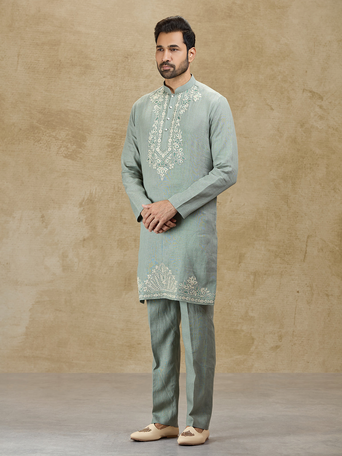 Mint blue festive wear pure linen kurta suit