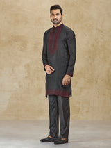 Charcoal black linen kurta suit with thread detailing