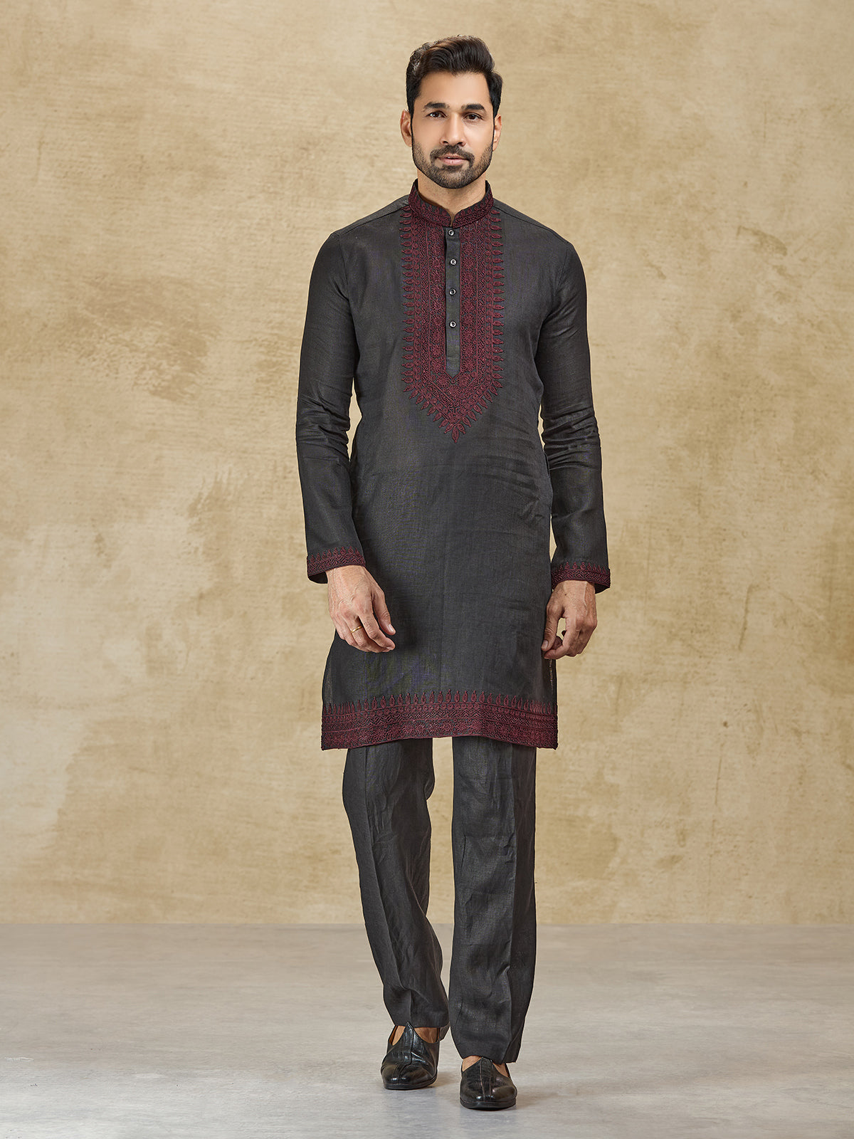 Charcoal black linen kurta suit with thread detailing